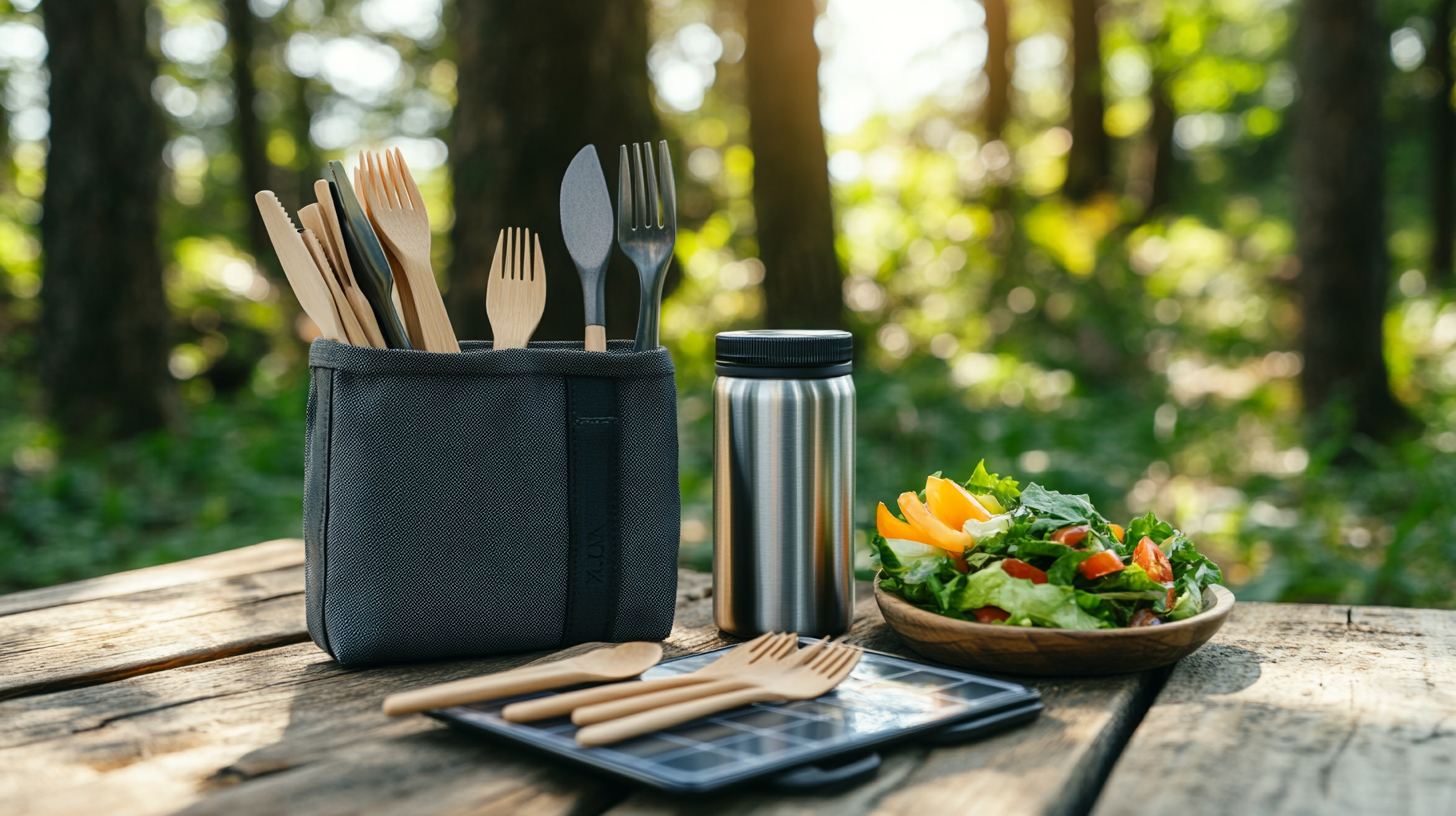 A picnic setup on a wooden table in a forest. There is a gray fabric holder containing wooden and metal cutlery, a stainless steel water bottle, and a wooden bowl filled with a fresh salad of lettuce, tomatoes, and yellow bell peppers. Sunlight filters through the trees in the background.