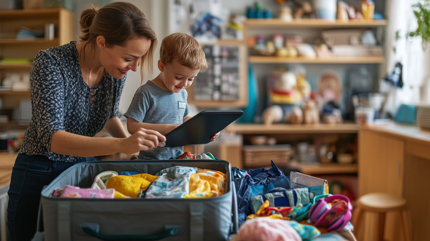 A woman and a young boy are packing a suitcase together. The suitcase is open on a table, filled with colorful clothes. The woman is smiling and looking at the boy, who is holding a tablet. The background shows shelves with various items, suggesting a cozy home environment.