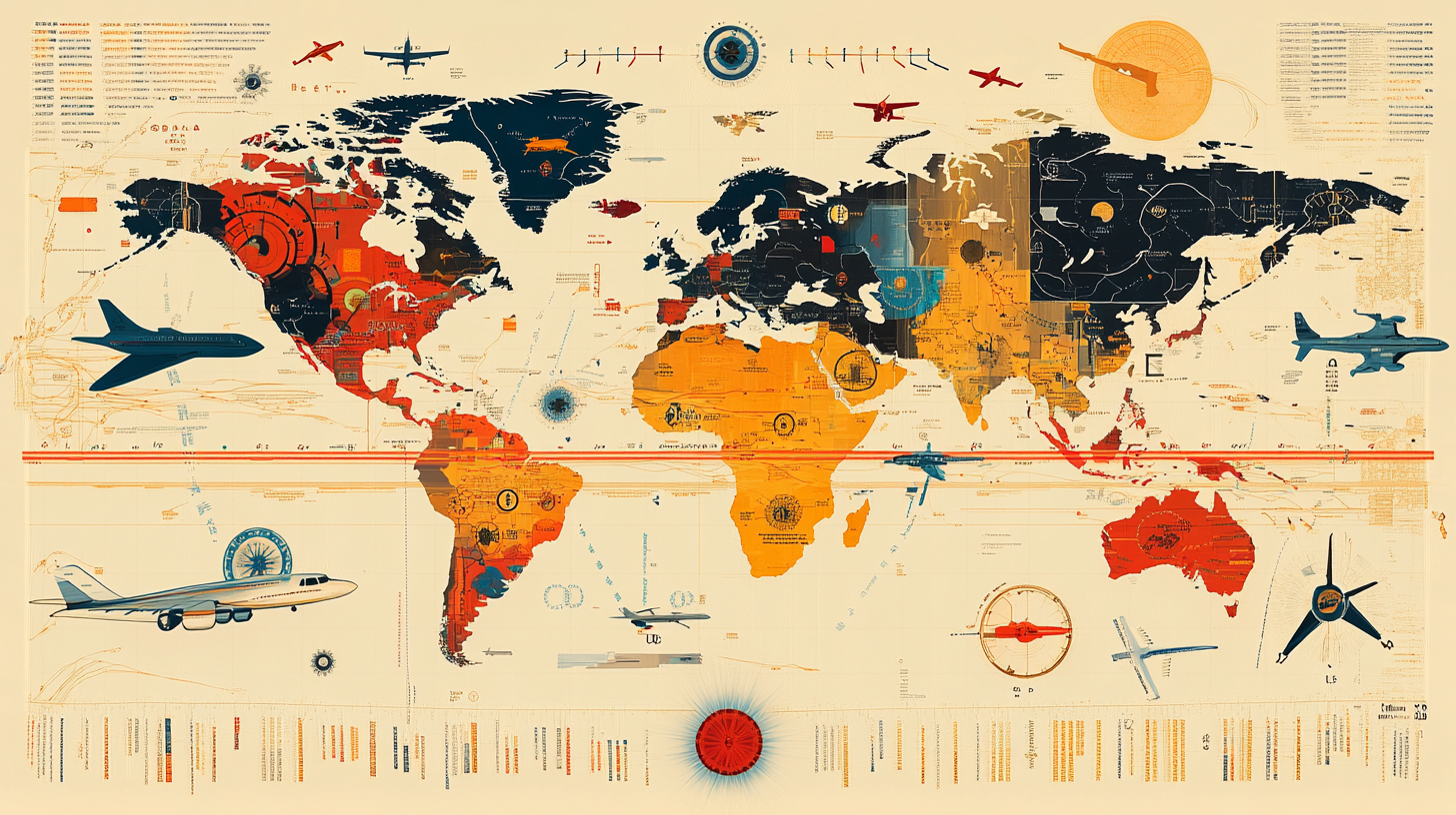 The image is a stylized world map with various airplanes and aviation-related symbols overlaid. The continents are colored in different shades, with North America in dark blue and red, South America in orange and red, Africa in yellow and orange, Europe in dark blue, Asia in dark blue and orange, and Australia in red. Several large airplane illustrations are placed over the map, and there are compass-like designs and other aviation graphics scattered throughout. The map includes text and numerical data, giving it a vintage, infographic appearance.