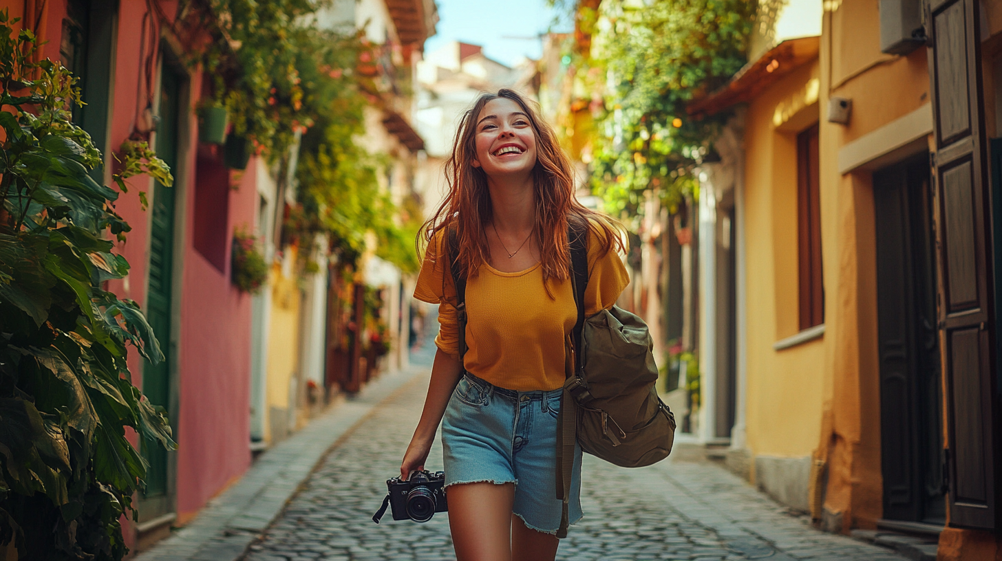 A woman is walking down a charming cobblestone street lined with colorful buildings and greenery. She is smiling, wearing a yellow shirt and denim shorts, and carrying a camera and a backpack. The scene is bright and lively, suggesting a warm, sunny day.