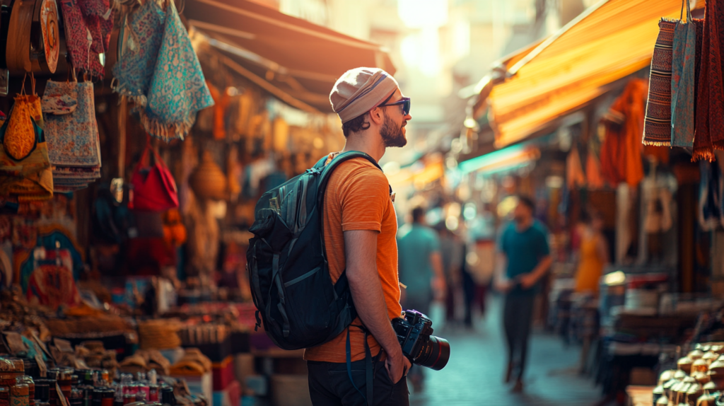 A person wearing an orange shirt, beanie, and sunglasses is standing in a bustling market street. They have a backpack and are holding a camera. The market is filled with colorful textiles, bags, and various goods displayed on both sides. The scene is lively, with other people walking in the background, and the lighting suggests a warm, sunny day.