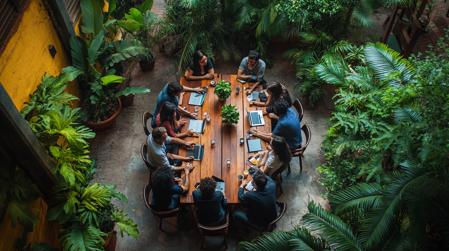 A group of people is seated around a long wooden table in an outdoor setting surrounded by lush green plants. They are using laptops and tablets, suggesting a meeting or collaborative work session. The environment is vibrant and filled with natural light.