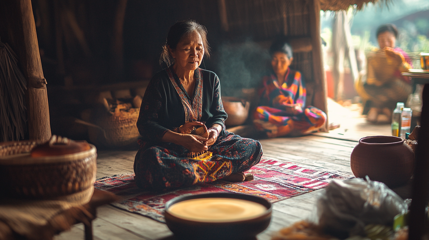 An elderly woman is sitting cross-legged on a colorful woven mat inside a rustic wooden hut. She is holding a small basket and appears to be engaged in a traditional craft. In the background, two other women are seated, one of whom is weaving. The setting is warm and dimly lit, with baskets and pottery around them, creating a cozy and cultural atmosphere.