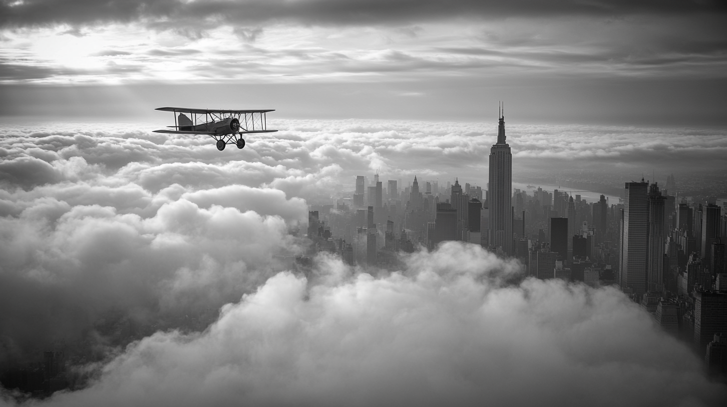 A black and white image of a vintage biplane flying above a cityscape, with the tops of skyscrapers visible through a layer of clouds. The scene is dramatic, with the plane appearing to soar over the iconic skyline, including a prominent tall building. The sky is filled with clouds, creating a sense of height and atmosphere.