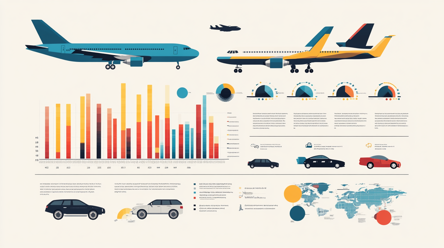 The image is an infographic featuring various elements related to transportation and data visualization. At the top, there are illustrations of three airplanes in different colors and designs. Below the airplanes, there is a bar chart with multicolored bars representing different data points. To the right of the bar chart, there are several semicircular gauge charts with accompanying text. Below these, there are illustrations of different types of cars in various colors. At the bottom right, there is a world map with circular data points indicating specific locations. The infographic combines visual elements to convey information about transportation statistics or trends.