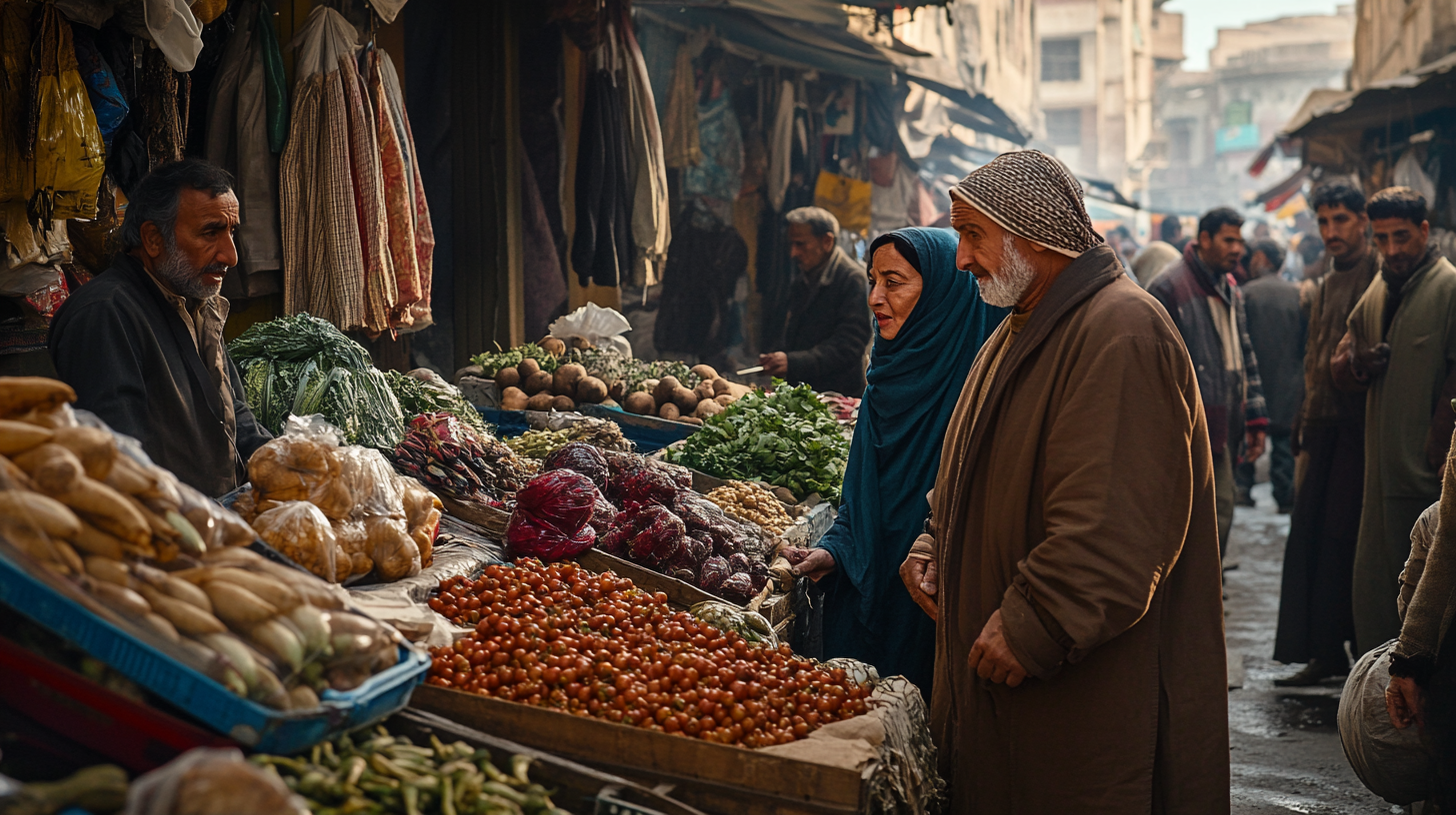 A bustling market scene with people shopping for fresh produce. Various vegetables and fruits, such as tomatoes, potatoes, and greens, are displayed on stalls. The market is crowded, with vendors and shoppers interacting. The atmosphere is lively and vibrant, with a mix of traditional clothing and market goods.