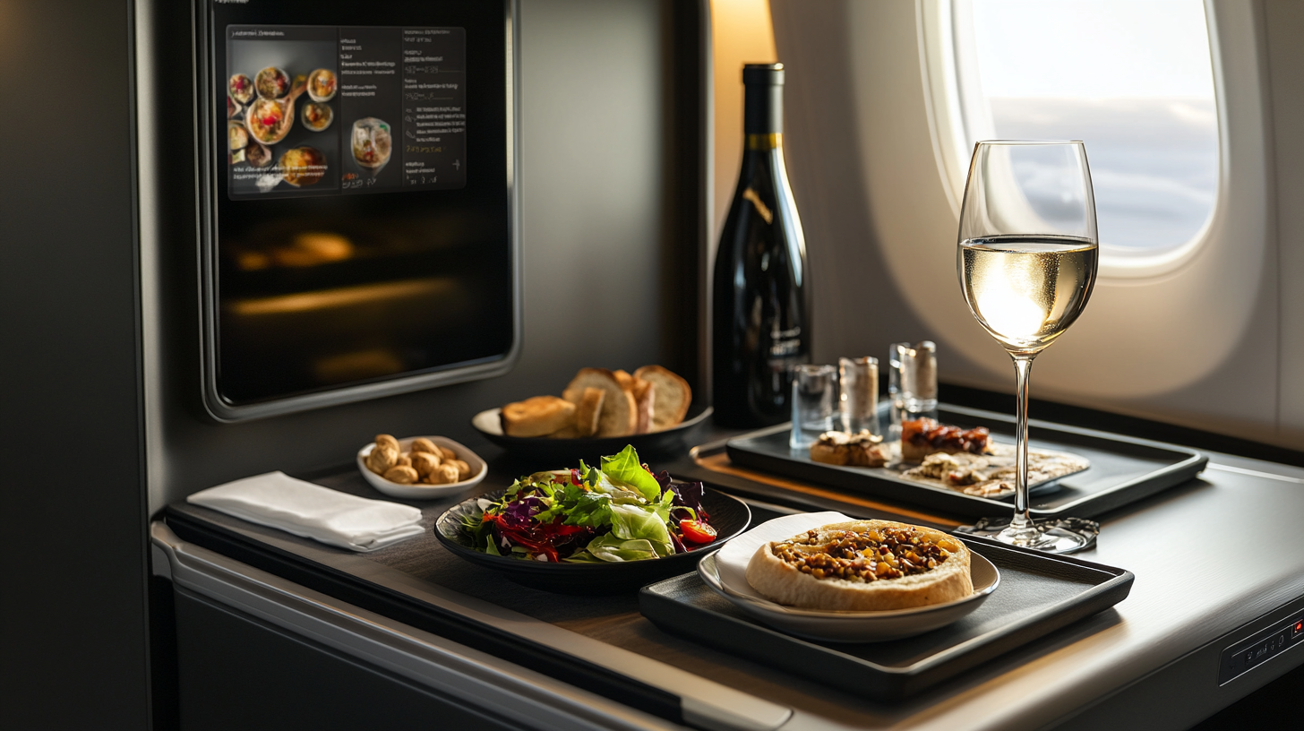 The image shows a luxurious in-flight meal setup on an airplane. There is a glass of white wine, a plate with a fresh salad, and a dish with a small pie or tart. A bottle of wine, a bowl of bread, and a tray with various appetizers are also visible. The scene is set next to an airplane window, with a screen displaying a menu in the background.