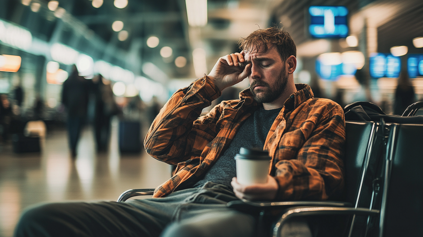A man is sitting in an airport terminal, looking tired and rubbing his forehead. He is wearing a plaid shirt and holding a coffee cup. The background is blurred, showing other travelers and digital screens.