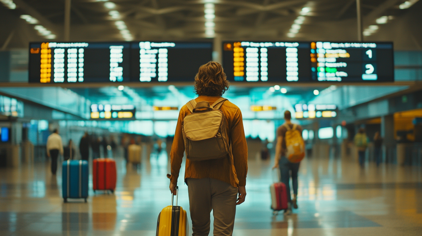 A person with a backpack is walking through an airport terminal, pulling a yellow suitcase. The terminal is busy with other travelers and features large electronic flight information boards displaying departure details. The atmosphere is bright and modern.