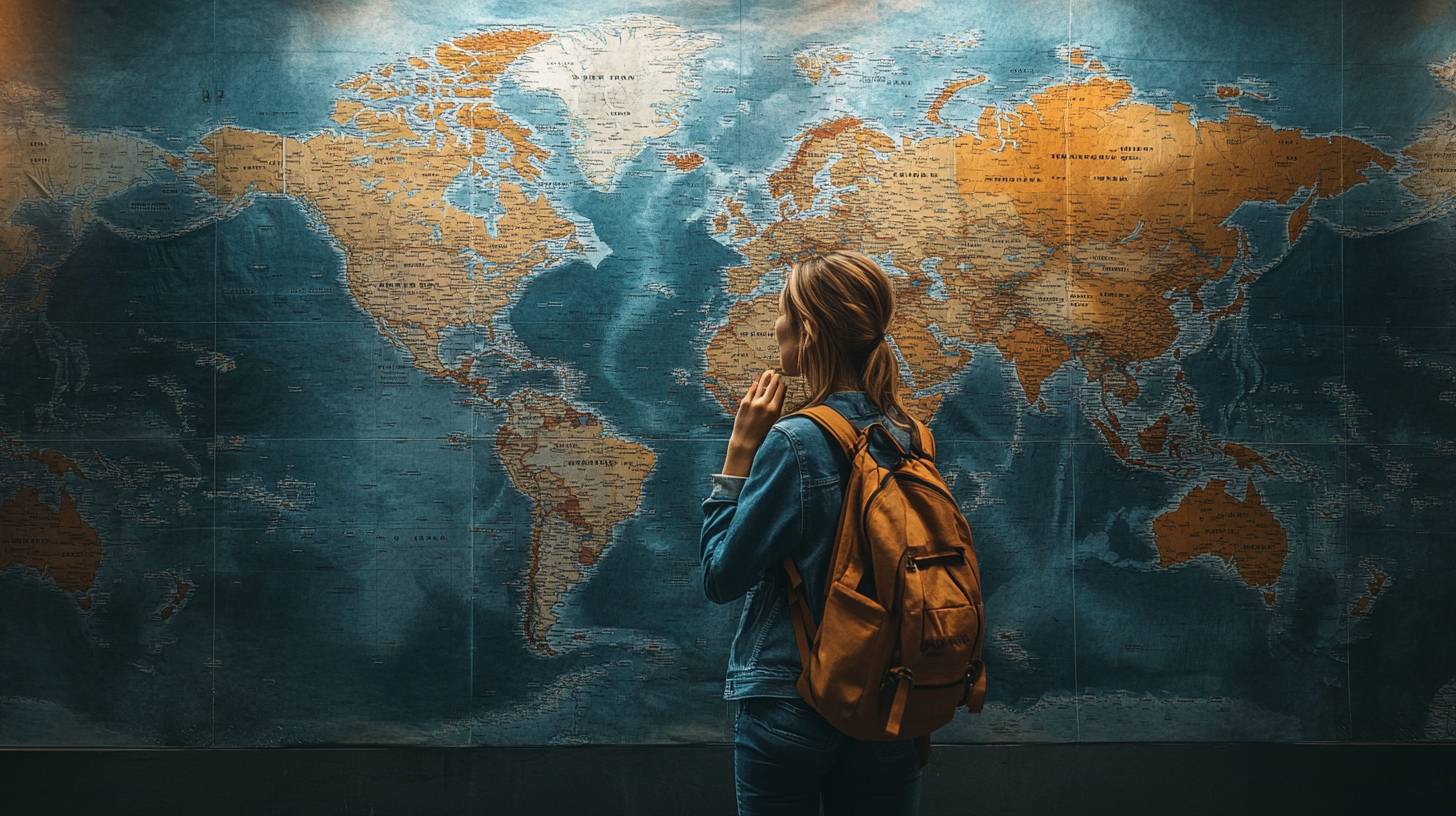 A person with a backpack is standing in front of a large world map, looking at it thoughtfully. The map is detailed, showing continents and countries in shades of blue and brown. The person appears to be contemplating or planning a journey.