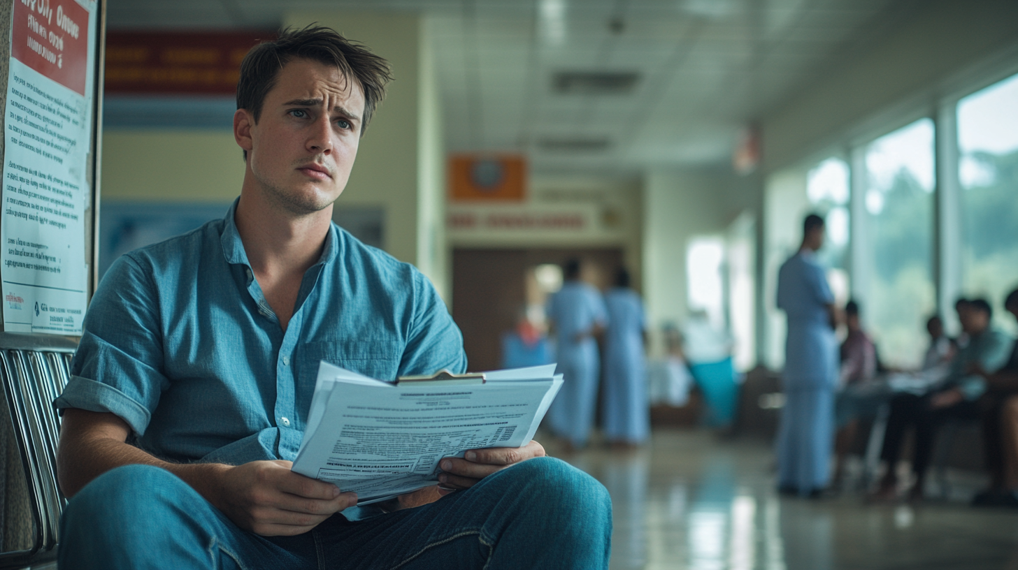 A man in a blue shirt is sitting in a waiting area, holding a clipboard with papers. He appears thoughtful or concerned. The background shows a hospital or clinic setting with people in scrubs and others seated, suggesting a medical environment.