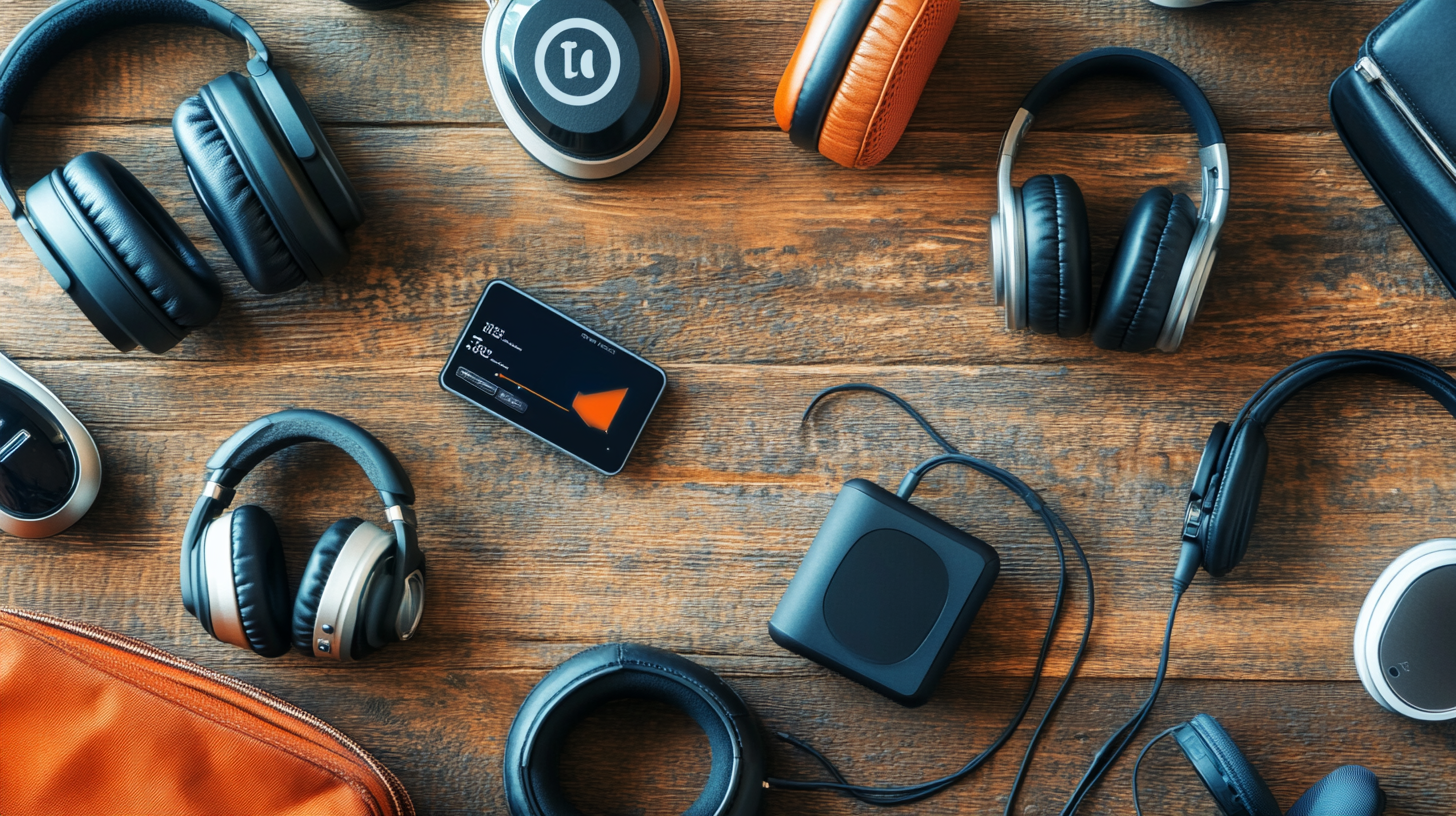 The image shows a variety of headphones and audio equipment arranged on a wooden surface. There are several pairs of over-ear headphones, a portable audio player with a display, and a small black audio device with a cable. An orange bag is partially visible in the corner.