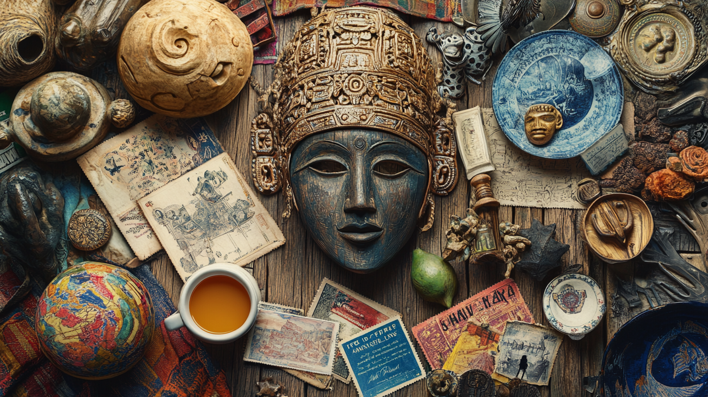 The image shows a collection of various antique and cultural artifacts arranged on a wooden surface. At the center is a large, ornate mask with intricate carvings. Surrounding it are items such as old maps, postcards, a globe, a cup of tea, carved wooden objects, a blue and white decorative plate, and other small trinkets and sculptures. The scene conveys a sense of history and exploration.