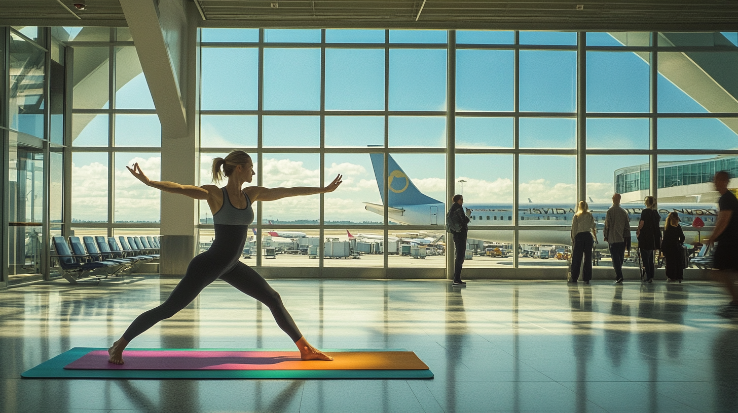 A woman is practicing yoga in a warrior pose on a colorful mat in an airport terminal. Large windows behind her reveal a view of airplanes on the tarmac. Several people are walking or standing near the windows, observing the planes. The scene is well-lit with natural light streaming in.