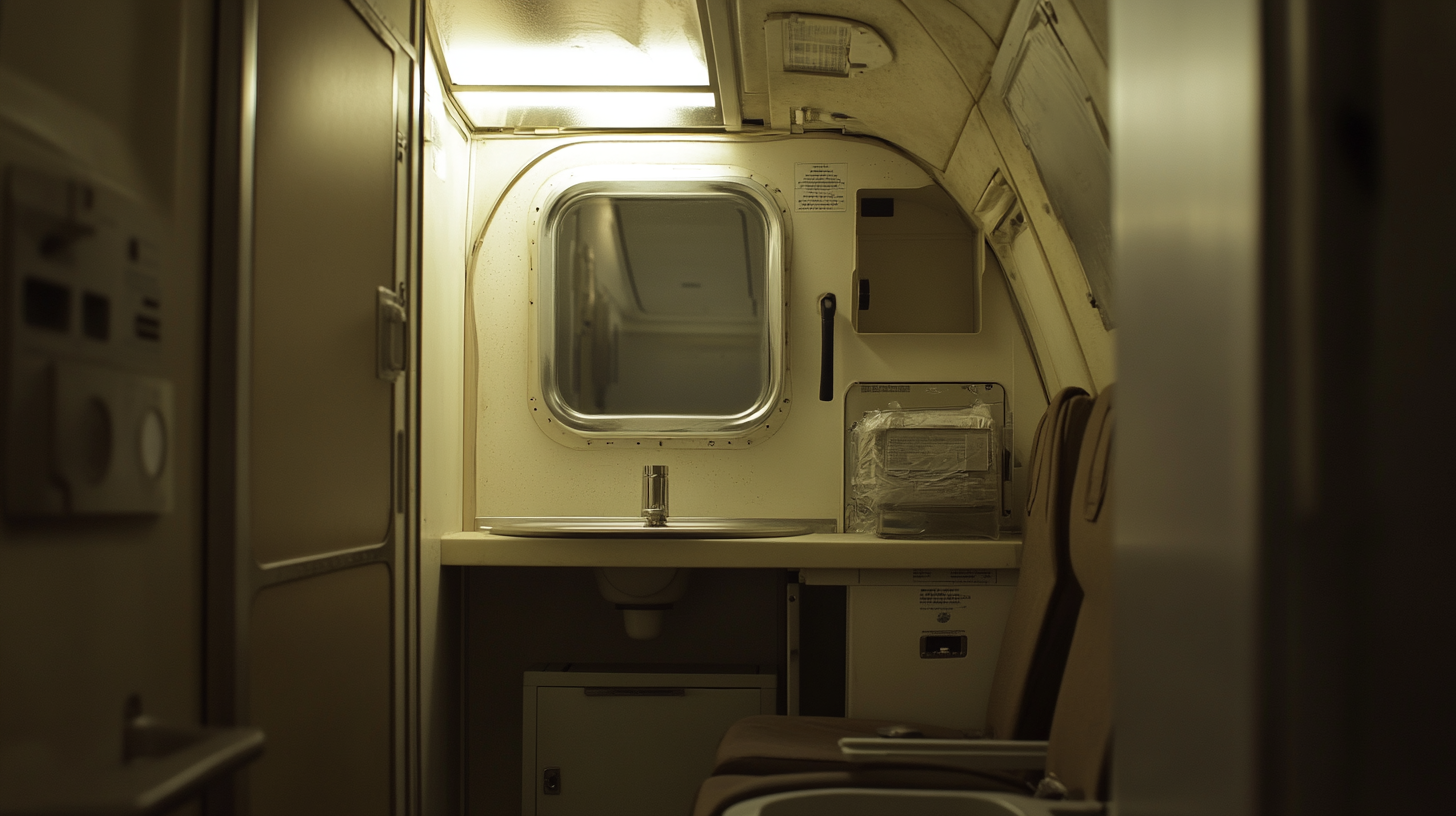 The image shows the interior of an aircraft lavatory. It features a small sink with a faucet, a mirror above the sink, and a closed cabinet. The lighting is dim, and the walls are a light beige color. The space is compact, typical of airplane bathrooms.