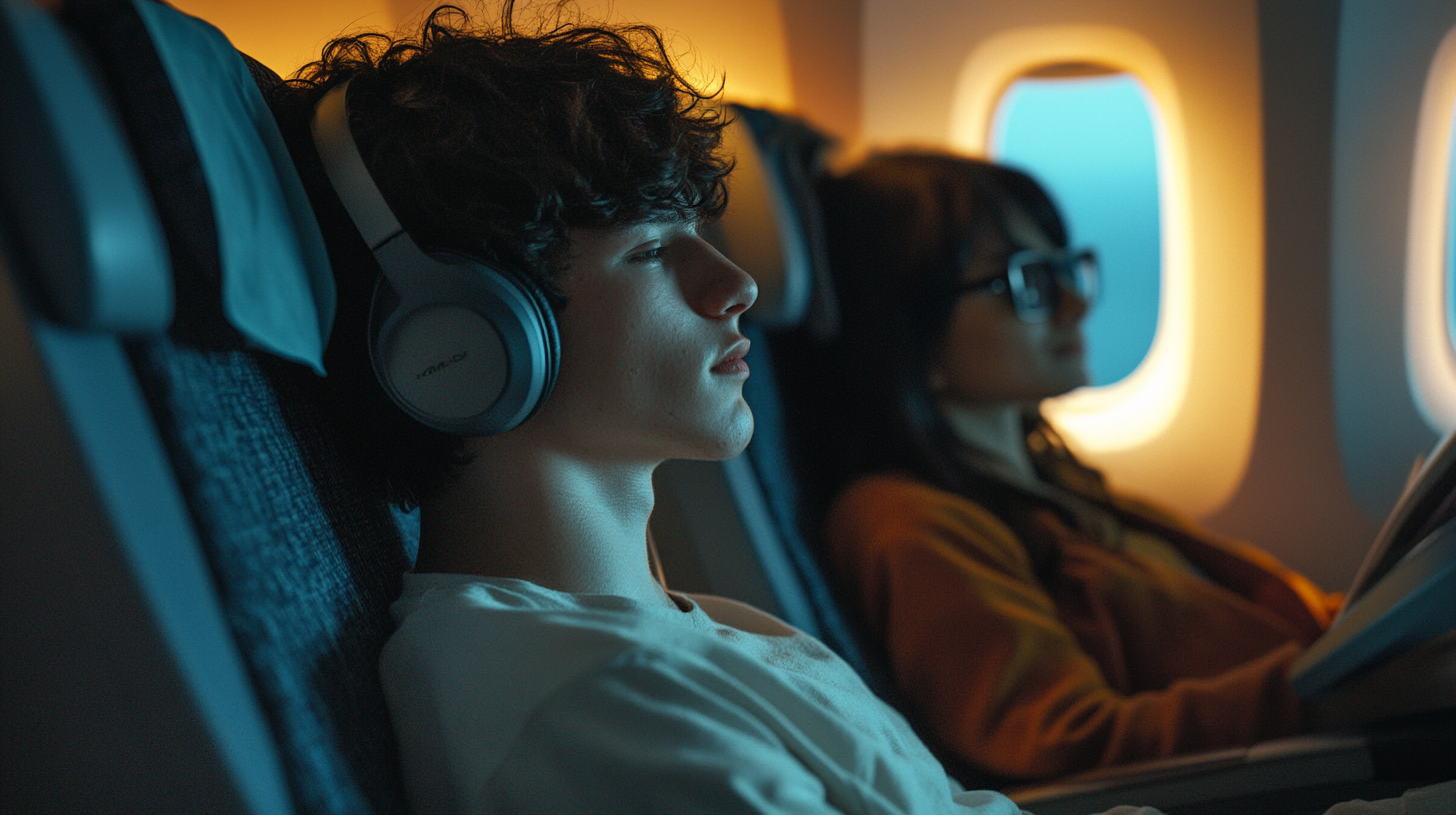 A young person with curly hair is wearing headphones and sitting in an airplane seat, appearing relaxed. In the background, another person is sitting, reading a book, with a window showing a blue sky. The lighting is warm and soft.