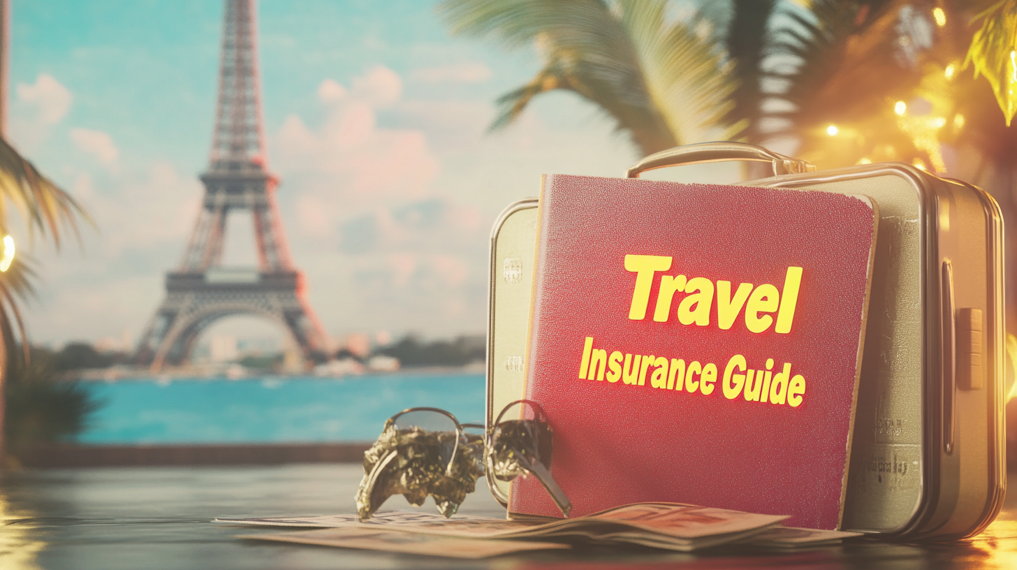 The image shows a travel-themed scene with a suitcase and a booklet titled "Travel Insurance Guide" resting on top. In the background, there is a blurred view of the Eiffel Tower, suggesting a Parisian setting. Palm leaves and warm lighting add to the travel ambiance.