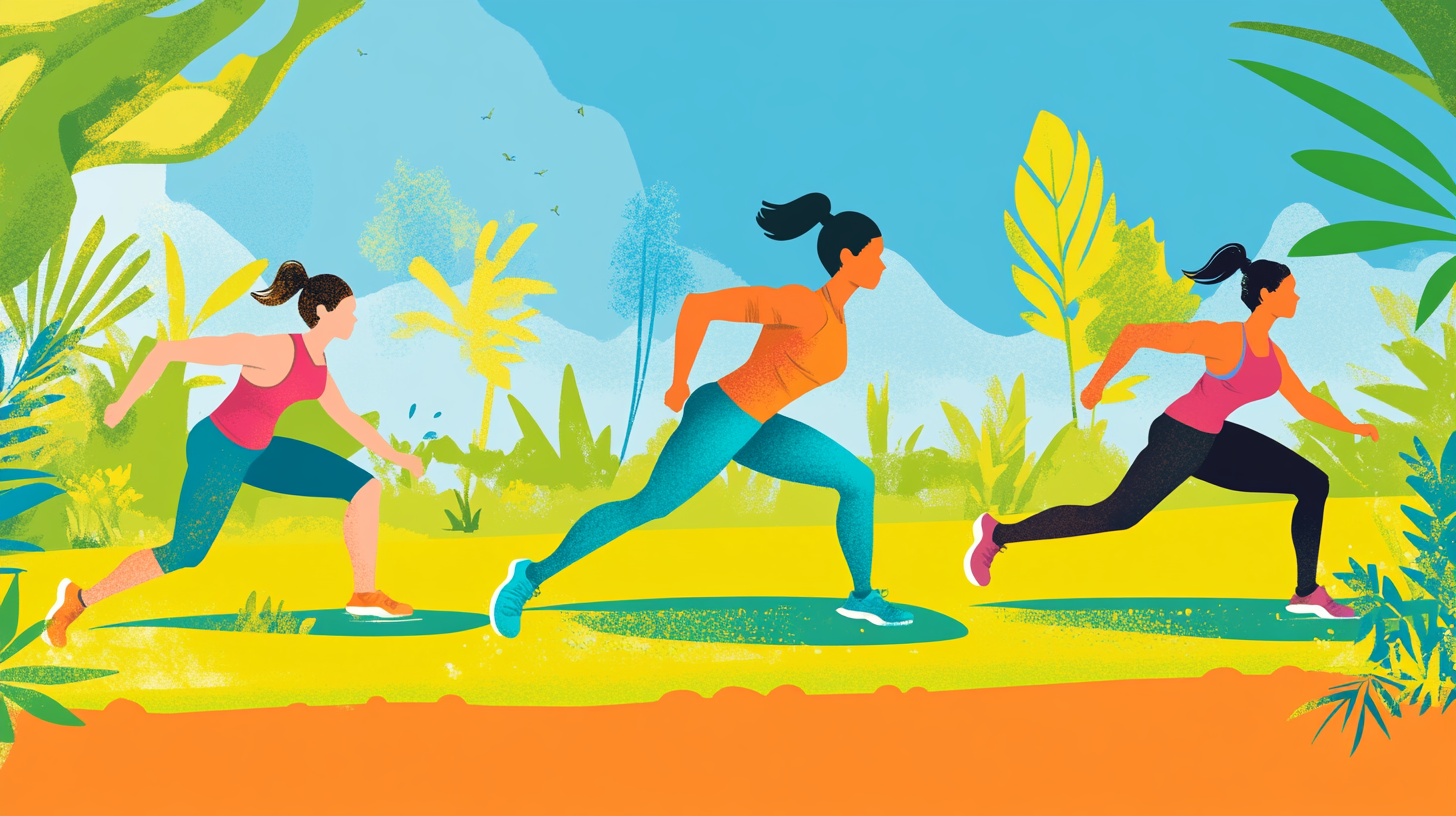 The image is an illustration of three women running outdoors in a vibrant, tropical setting. The background features lush green foliage, large leaves, and a bright blue sky. The women are depicted in dynamic poses, wearing athletic clothing in bright colors, and appear to be in motion, emphasizing a sense of energy and activity.