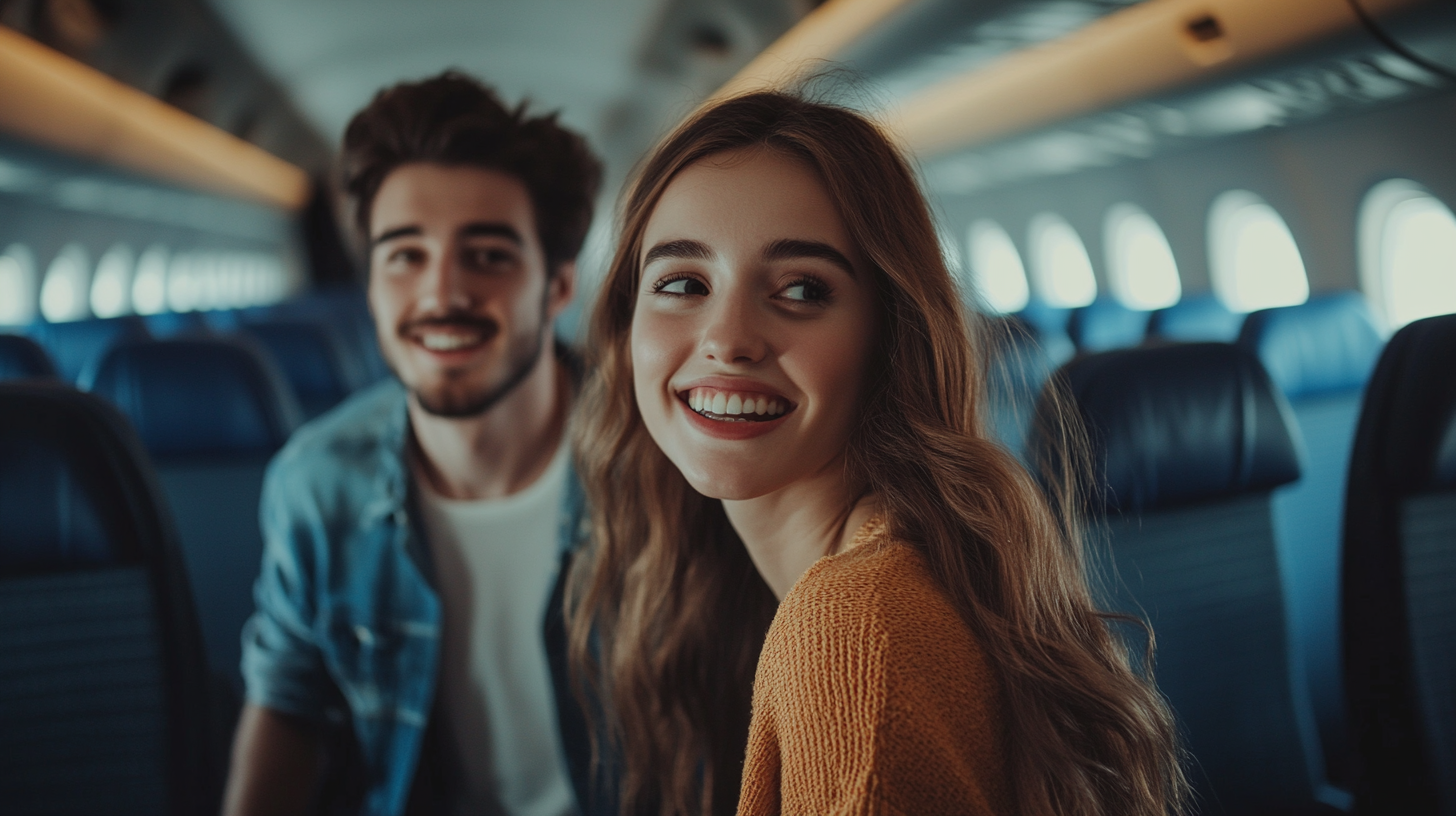 A young woman and man are sitting in an airplane cabin. The woman is in the foreground, smiling and looking to the side, while the man is slightly behind her, also smiling. The airplane seats and windows are visible in the background.