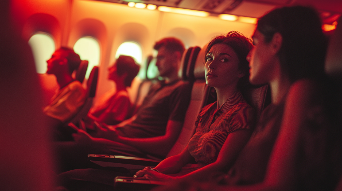 A group of people is seated in an airplane cabin, illuminated by warm, red-orange lighting. The focus is on a woman in the foreground, looking towards another person beside her. The background shows other passengers sitting in their seats, with airplane windows visible. The atmosphere appears calm and relaxed.