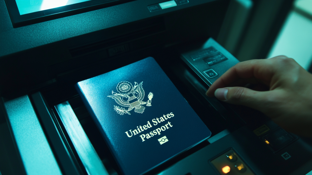 The image shows a United States passport placed inside a scanner or copier. A hand is reaching towards the scanner's control panel, possibly to operate the machine. The scene is lit with a blue-green tint.