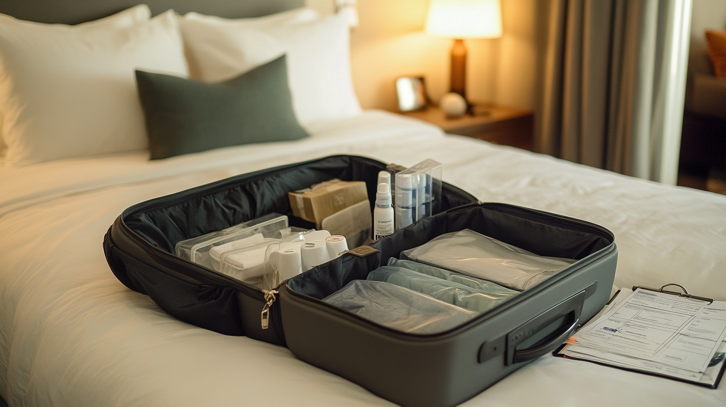 The image shows an open suitcase on a neatly made bed in a well-lit room. The suitcase contains various organized items, including bottles, packets, and containers, possibly toiletries or travel essentials. Next to the suitcase, there is a clipboard with papers on it. A bedside table with a lamp and a framed photo is visible in the background.