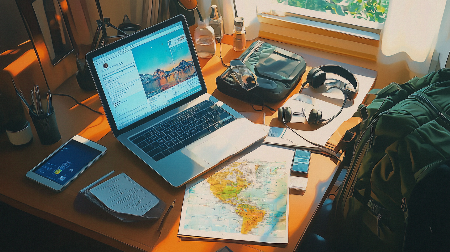 A cluttered desk with a laptop displaying a scenic image, a smartphone, a map of the Americas, headphones, a notebook, and a backpack. There are also various small items like pens, a camera, and bottles near a window with sunlight streaming in.