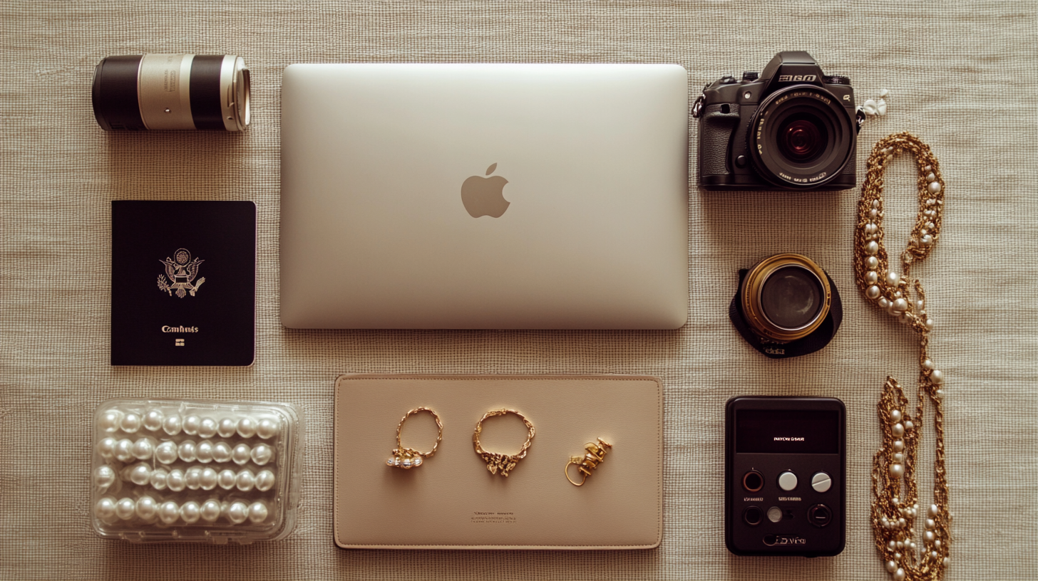 The image shows a neatly arranged collection of items on a textured surface. In the center is a closed silver laptop with an Apple logo. To the left, there is a camera lens, a passport, and a box of pearls. To the right, there is a digital camera, another camera lens, a gold and pearl necklace, and a small electronic device. Below the laptop, there is a beige wallet with three gold rings on top.