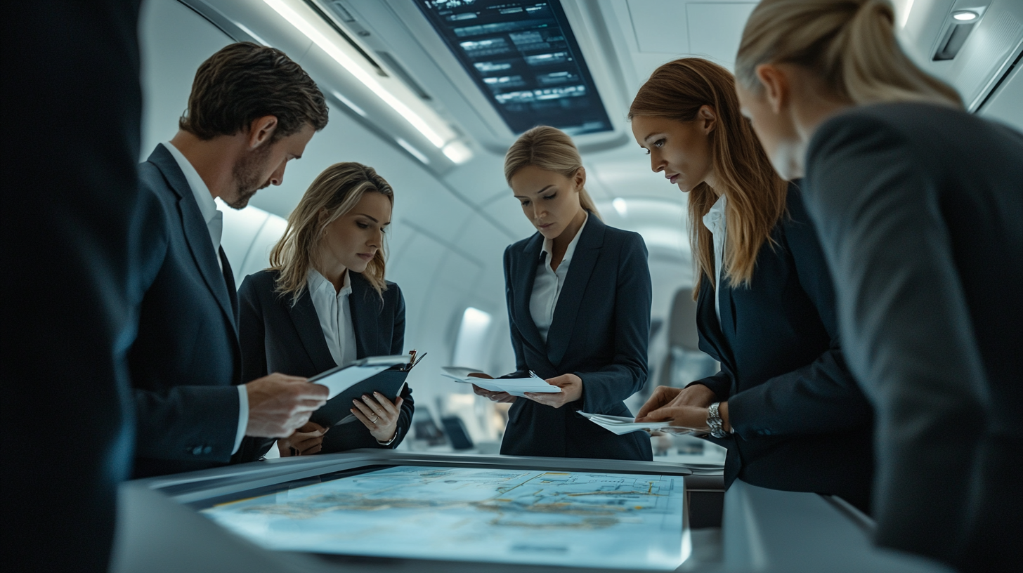 A group of five people in business attire are gathered around a digital table displaying a map. They appear to be in a modern, high-tech meeting room, engaged in a discussion while holding documents and tablets. The setting suggests a collaborative and professional environment.