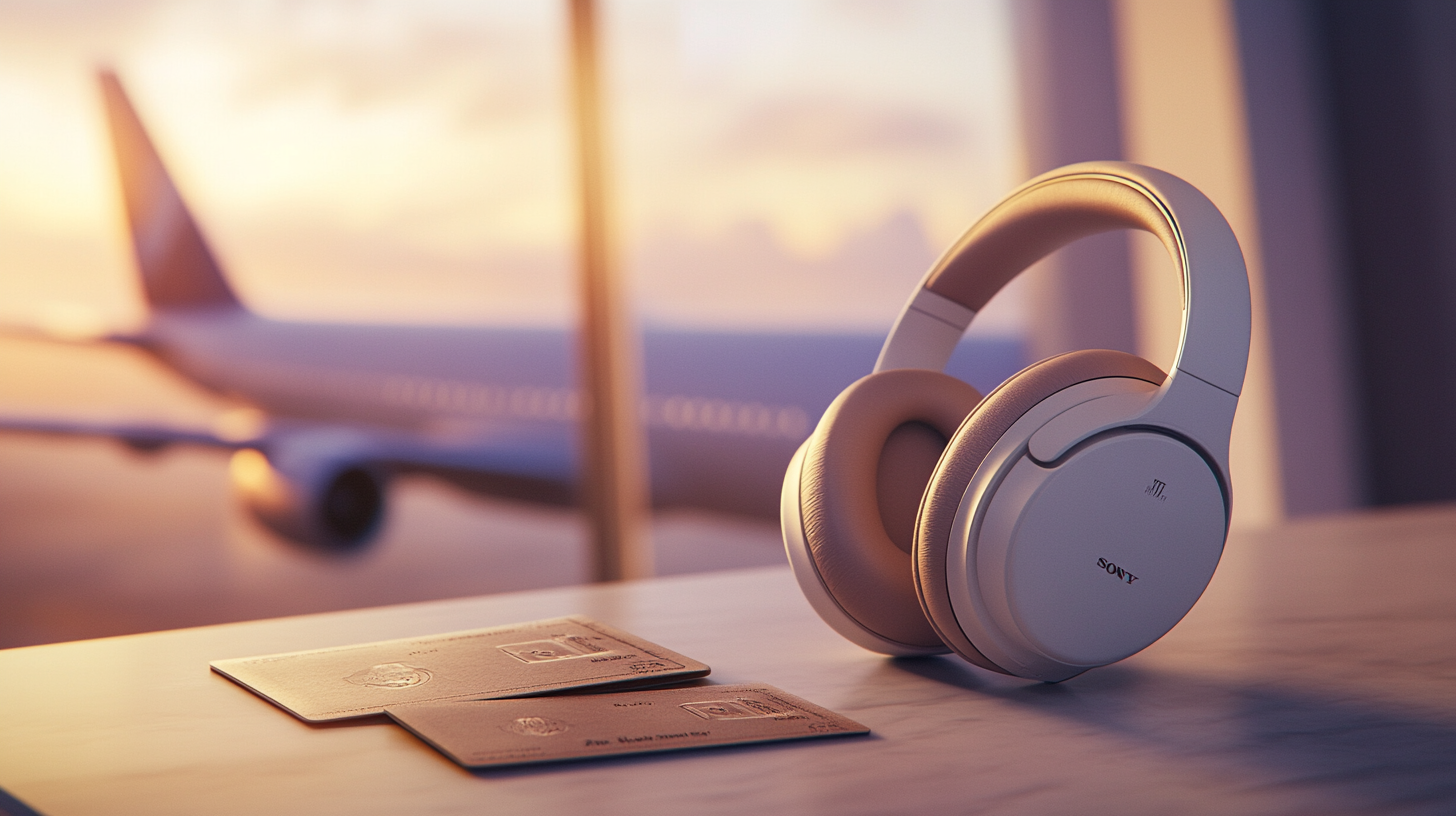 The image shows a pair of Sony headphones placed on a table next to two passports. In the background, there is a blurred view of an airplane seen through a window, with a sunset sky.