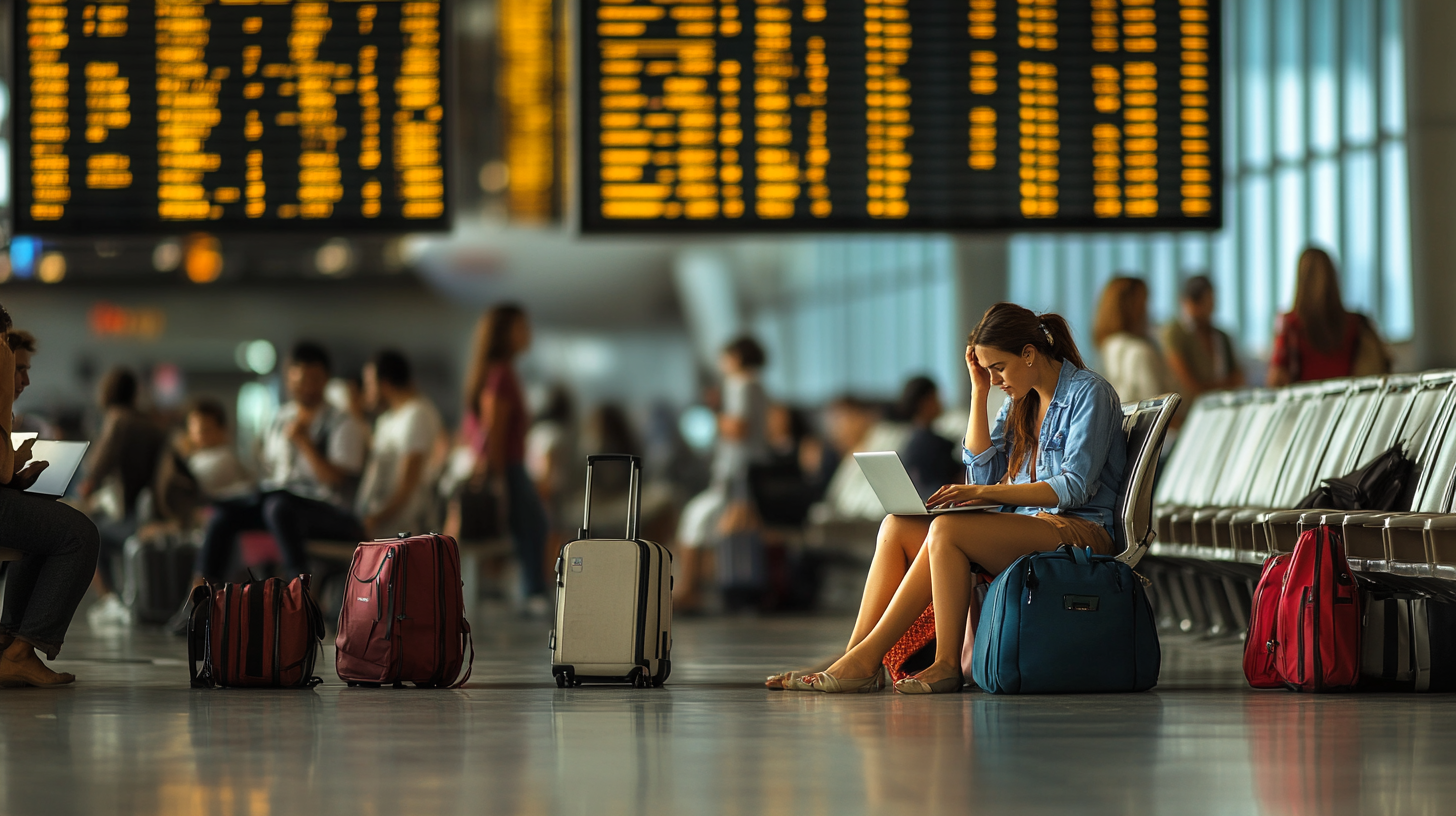 A woman is sitting in an airport terminal, using a laptop. She appears focused, with her hand on her forehead. Around her are several pieces of luggage, including a suitcase and bags. In the background, there are other travelers and a large electronic flight information board displaying departure times. The terminal is busy, with people seated and walking around.