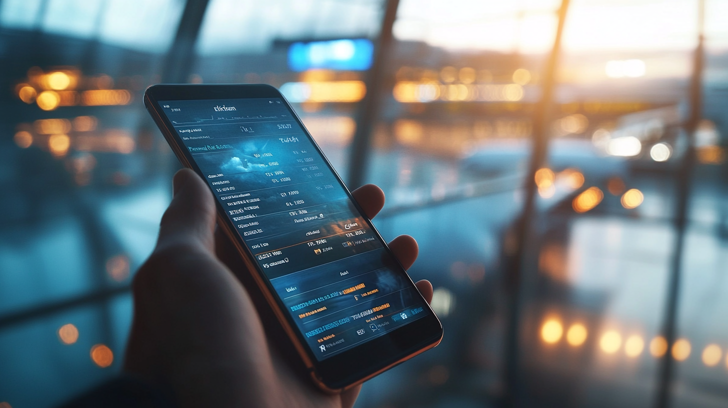 A person is holding a smartphone displaying a flight booking app interface. The background shows a blurred view of an airport terminal with large windows and warm lighting, suggesting a sunset or sunrise.