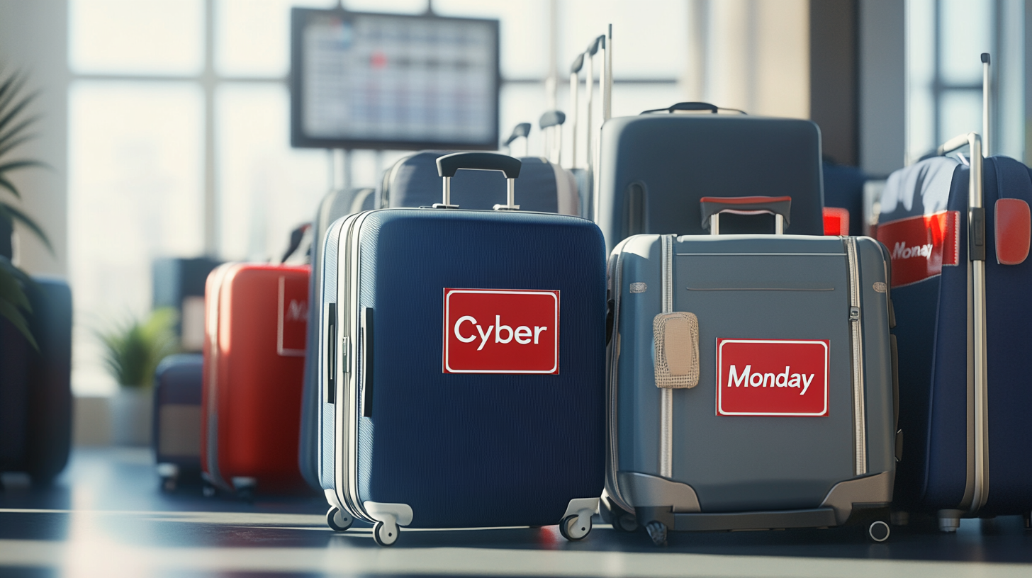 The image shows a collection of suitcases in an airport setting. Two prominent suitcases in the foreground have red labels with the words "Cyber" and "Monday" on them. In the background, there are more suitcases and a blurred flight information board. The scene is well-lit with natural light coming through large windows.