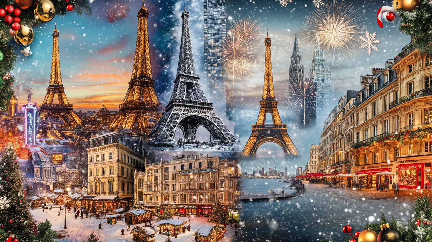 The image is a festive collage featuring the Eiffel Tower in various scenes, surrounded by Christmas decorations and snow. The scenes include a snowy cityscape with holiday markets, fireworks in the sky, and a river view with historic buildings. Christmas ornaments and greenery frame the image, enhancing the holiday theme.