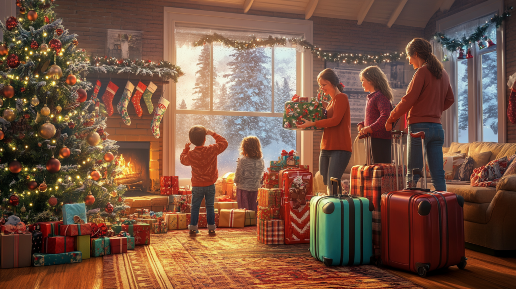 A cozy living room is decorated for Christmas with a large, ornamented tree and a fireplace with stockings hanging above it. A family is gathered, with children looking out a window at a snowy scene. Several wrapped gifts are stacked around the room, and there are suitcases nearby, suggesting travel plans. The room is warmly lit, creating a festive and inviting atmosphere.