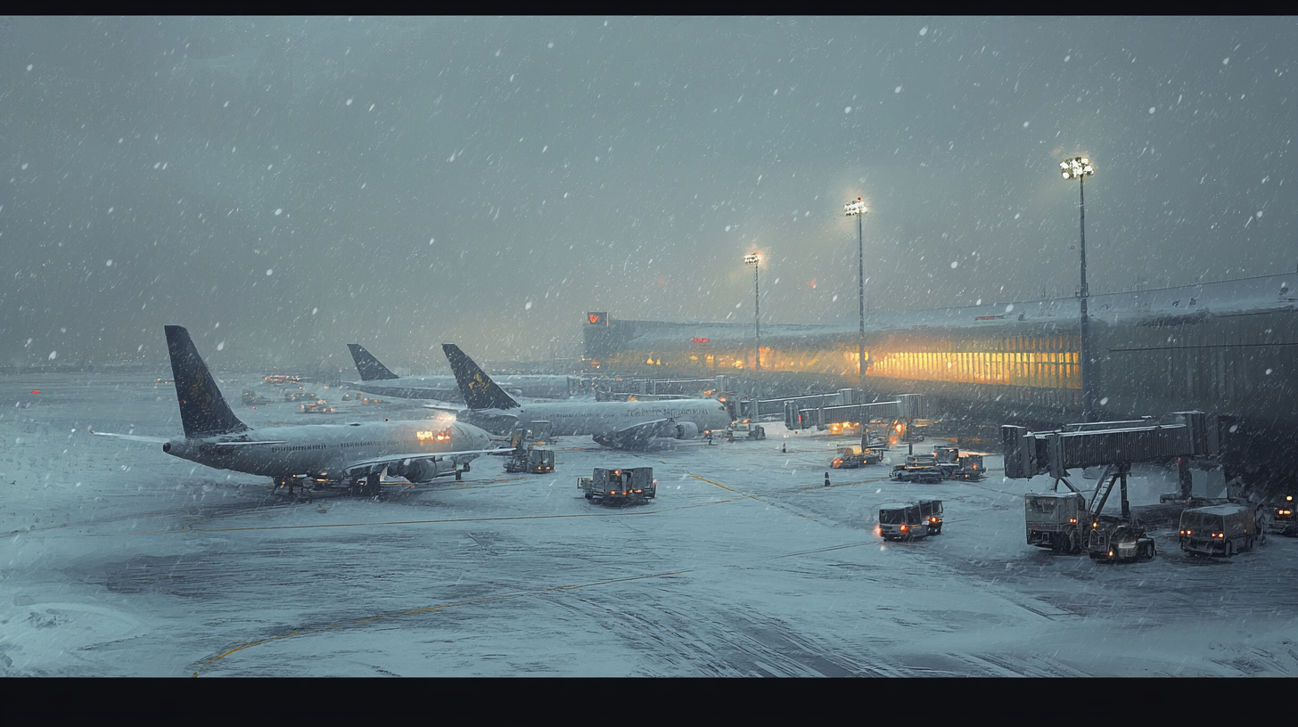 The image shows an airport during a snowstorm. Several airplanes are parked on the snowy tarmac, with snow visibly falling. The airport terminal is illuminated with warm lights, and various ground service vehicles are present around the planes. The scene is set in low visibility due to the heavy snowfall.