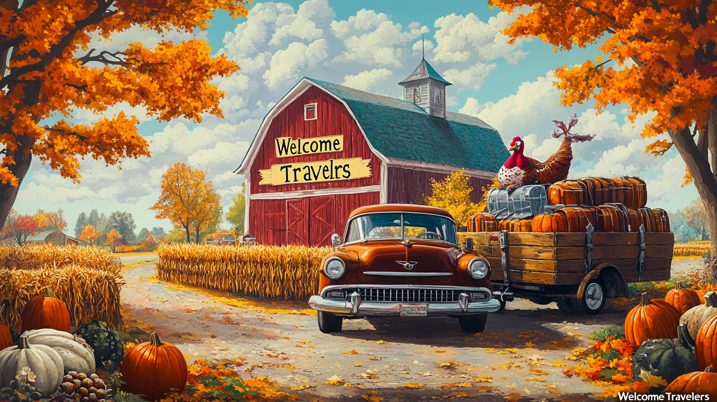 A vintage car with a trailer full of pumpkins and suitcases is parked in front of a red barn with a sign that reads "Welcome Travelers." A turkey is perched on top of the luggage. The scene is set in autumn, with vibrant orange and yellow leaves on the trees and scattered on the ground. Cornstalks and additional pumpkins are visible in the foreground, creating a festive fall atmosphere.