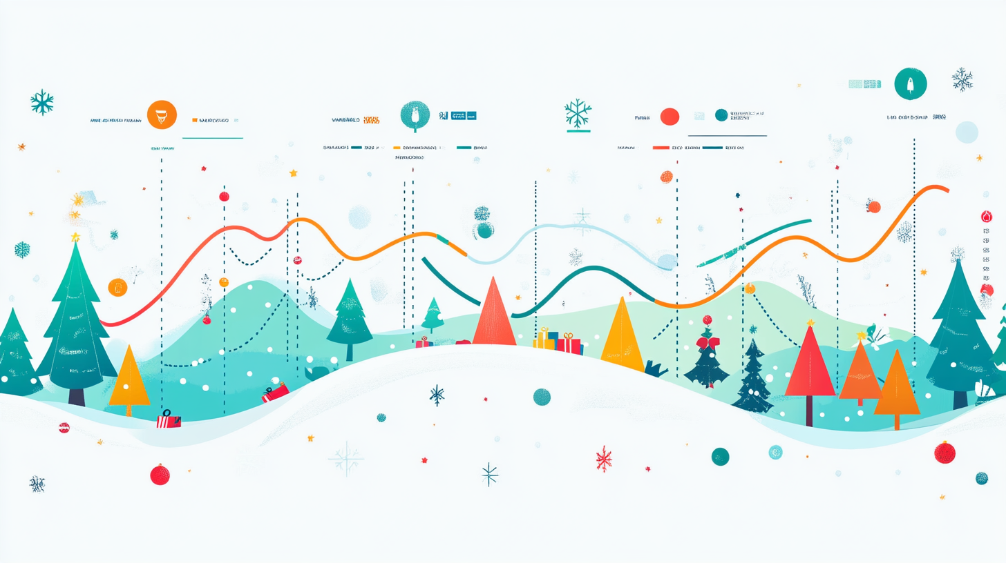 The image is a festive-themed infographic with a winter landscape. It features stylized Christmas trees, snowflakes, and gift boxes scattered across a snowy hill. There are colorful, wavy lines running horizontally, possibly representing data trends. The background includes hills and snow, with various holiday decorations like ornaments and stars. The overall color scheme is a mix of teal, red, orange, and white.