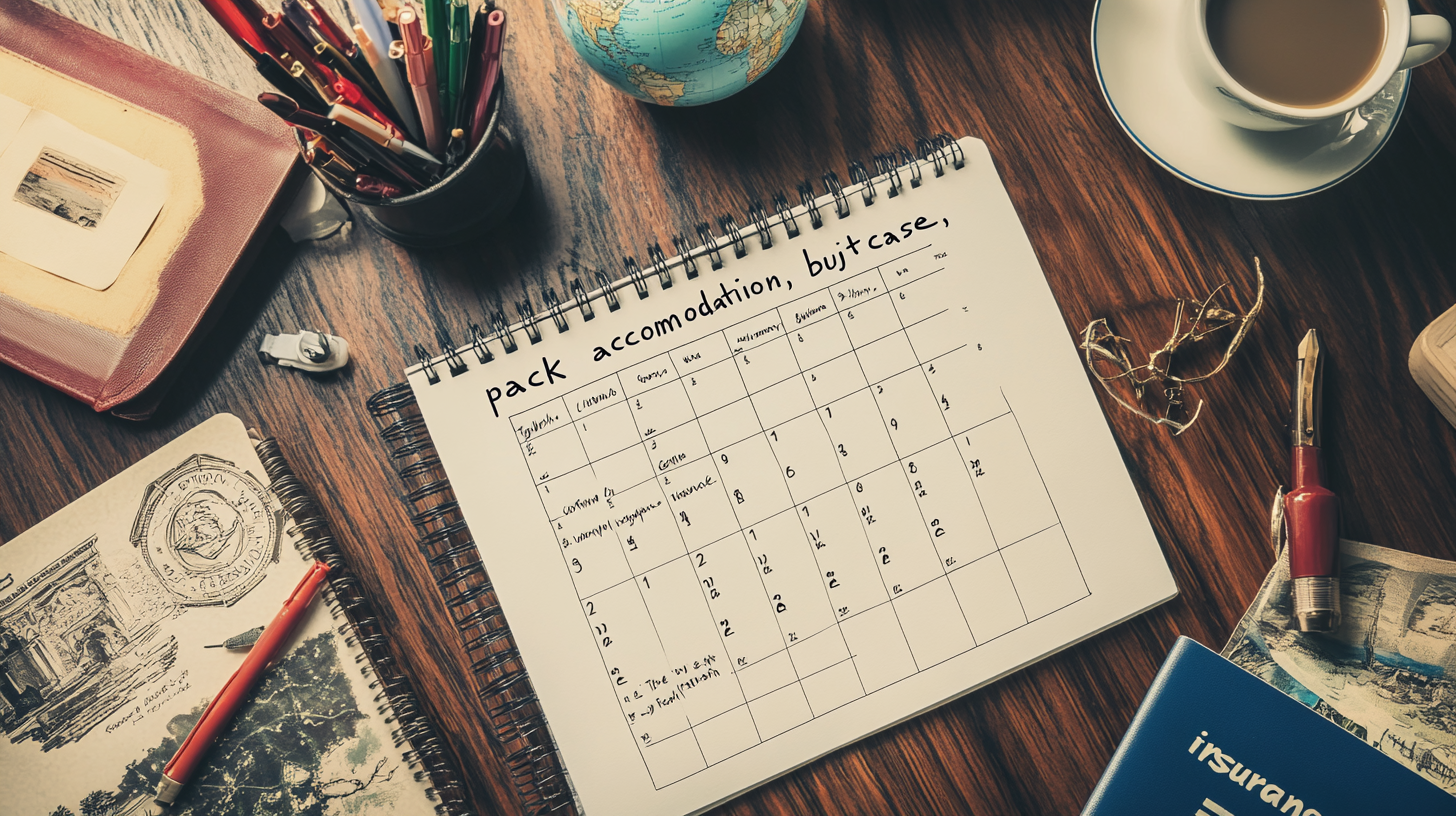 The image shows a wooden desk with various travel-related items. In the center, there is an open spiral notebook with a handwritten calendar and a to-do list that includes tasks like "pack" and "accommodation." Surrounding the notebook are a cup of coffee, a pair of glasses, a globe, a pen, a passport, a book, and a container filled with pens and pencils. There is also a vintage-style notebook with sketches and a small tape dispenser.