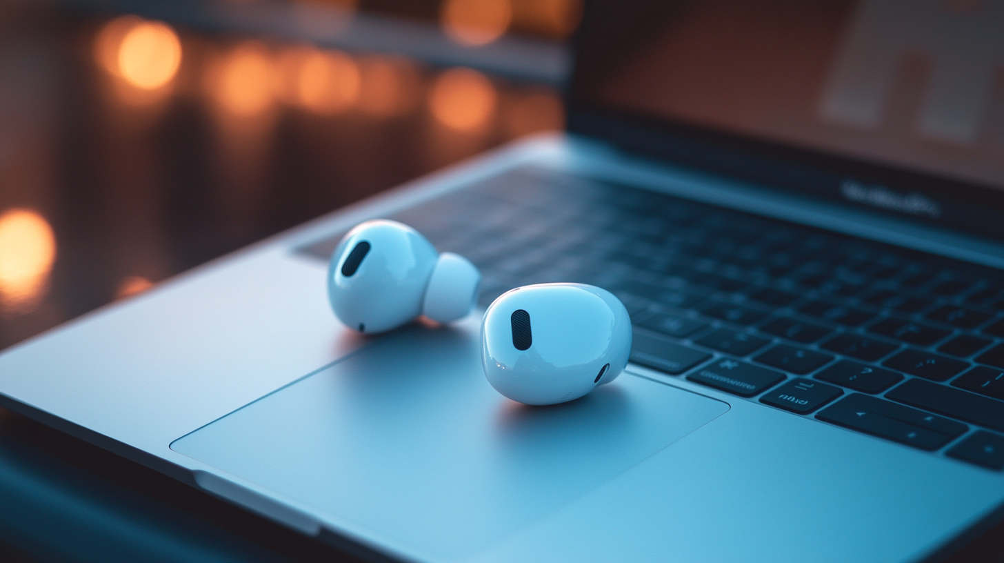 A pair of white wireless earbuds is placed on the trackpad of an open laptop. The background is softly blurred with warm lighting.