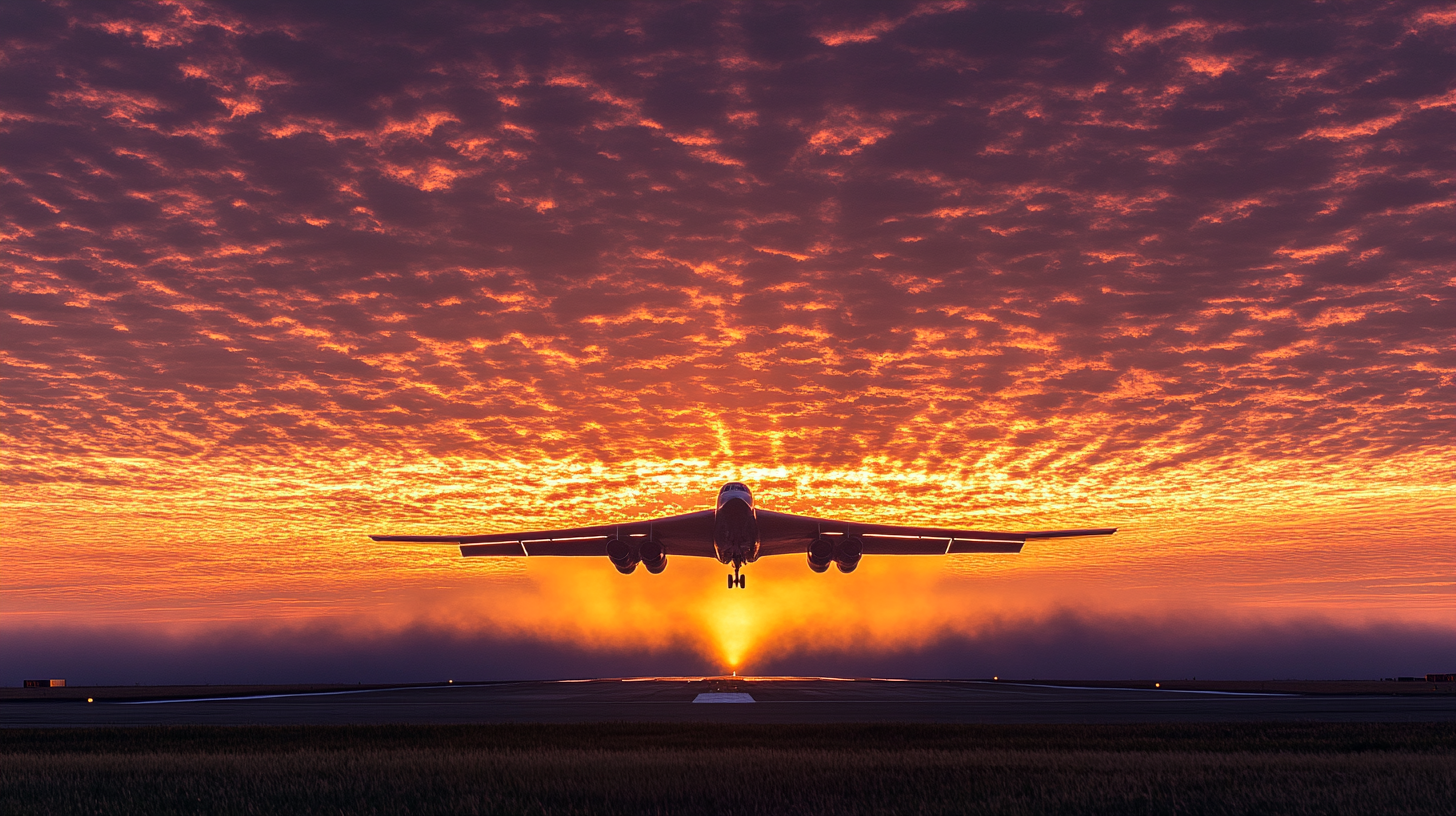 A large airplane is taking off or landing on a runway against a dramatic sunset sky. The sky is filled with vibrant orange and red clouds, creating a striking backdrop. The silhouette of the aircraft is prominently visible, with its landing gear extended.