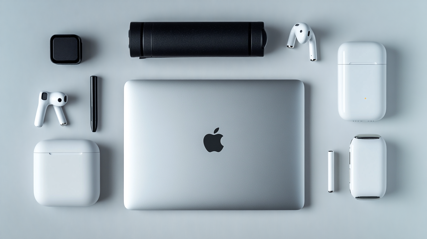 A flat lay image featuring various tech gadgets on a light surface. In the center is a closed silver laptop with an Apple logo. Surrounding it are wireless earbuds and their charging cases, a black pen, a small black speaker, a black cylindrical case, and a white smartwatch with a charging cable.