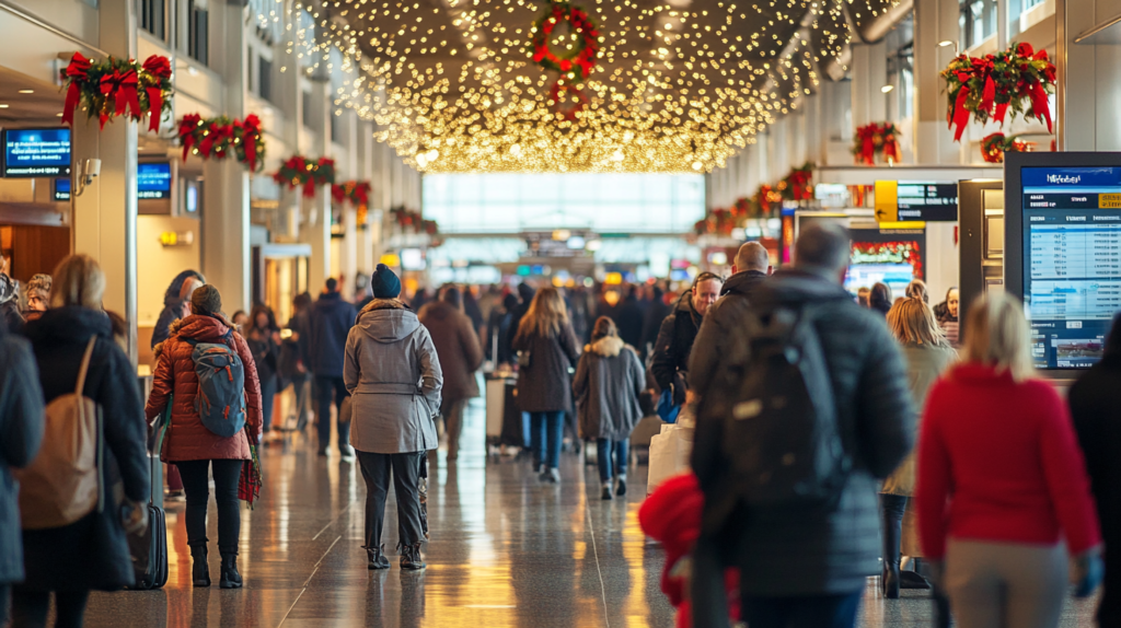 A busy airport terminal decorated for the holiday season. The ceiling is adorned with strings of twinkling lights, and there are wreaths with red bows hanging along the walls. Numerous travelers, dressed in winter clothing, are walking through the terminal, some with luggage. Information screens are visible on the sides.