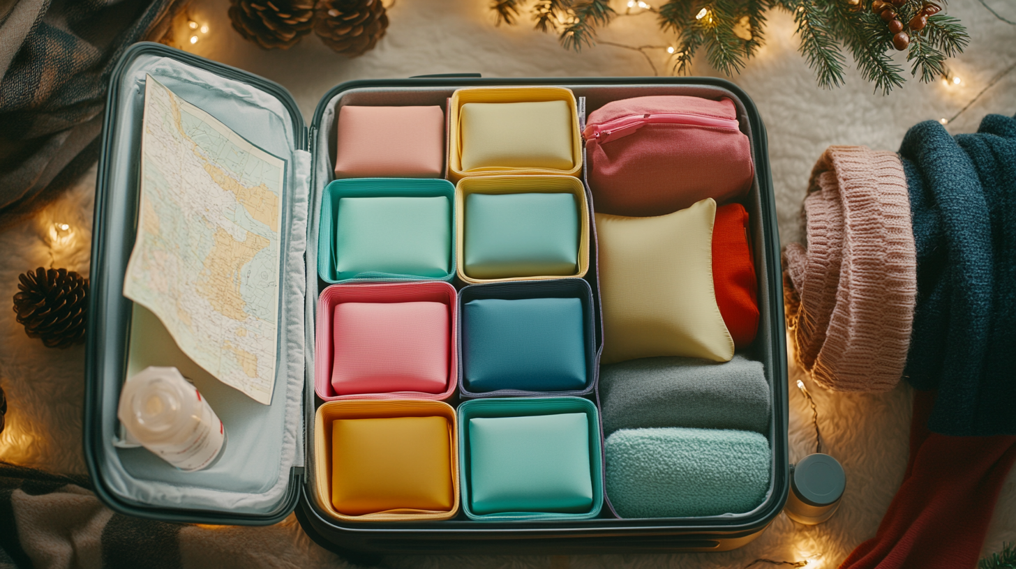 A neatly packed suitcase is open, displaying various colorful packing cubes and pouches. A map is tucked into the lid, and a small bottle is nearby. Rolled clothing items are visible on the right side. The scene is decorated with pinecones, a cozy blanket, and string lights, suggesting a holiday or travel theme.