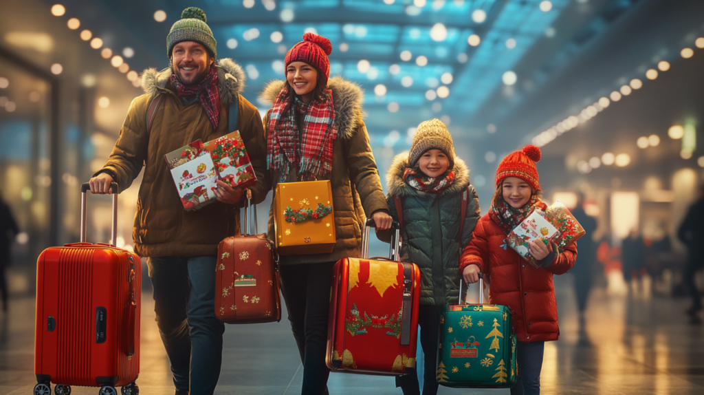 A family of four is walking through an airport terminal, each carrying festive, holiday-themed luggage. The parents and two children are dressed warmly in winter coats, hats, and scarves. They are smiling and holding wrapped gifts, suggesting they are traveling for the holidays. The background is softly lit with blurred lights, creating a cozy, festive atmosphere.