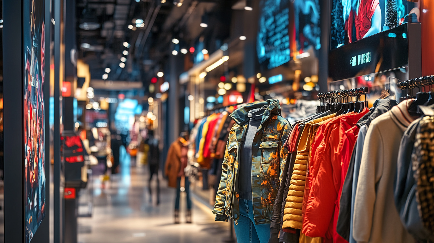 The image shows the interior of a clothing store with racks of colorful jackets and coats on display. A mannequin wearing a patterned jacket and jeans is in the foreground. The store is well-lit, with bright lights and digital screens displaying images and text. The background is slightly blurred, showing more clothing and store decor.