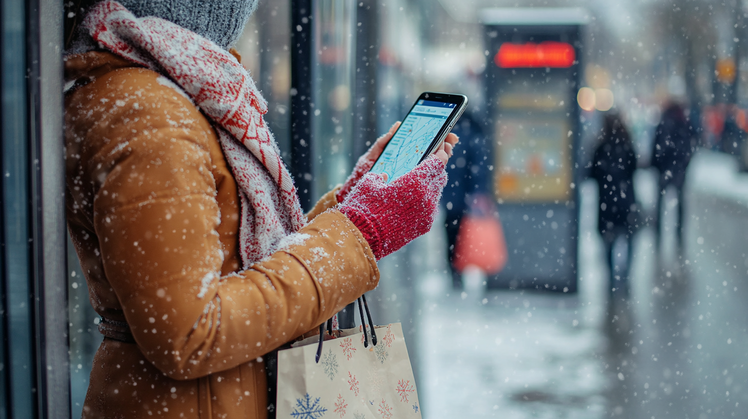 A person wearing a brown winter coat, red gloves, and a gray knit hat is standing outside in the snow, holding a smartphone displaying a map. They are also holding a shopping bag with snowflake designs. The background shows a snowy street with blurred figures and a bus stop.