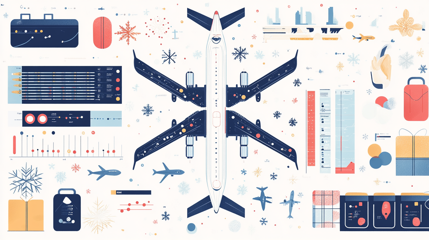 The image is an infographic featuring an airplane viewed from above, surrounded by various travel-related elements. These include luggage, charts, graphs, and icons of smaller airplanes. Snowflakes and abstract shapes are scattered throughout, adding a decorative touch. The color scheme is primarily blue, red, and yellow.