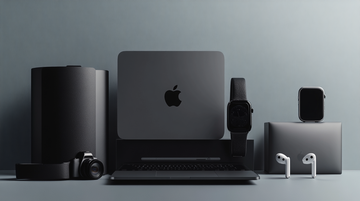 A collection of sleek, modern electronic devices is displayed against a minimalist background. The image features a black cylindrical device, a camera with a lens, a laptop with a partially visible keyboard, a smartwatch with a black band, a pair of wireless earbuds, and a small rectangular device. The devices are arranged neatly, showcasing a cohesive design aesthetic.