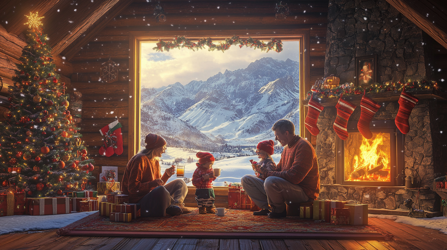 A cozy winter scene inside a log cabin, featuring a family of four sitting on the floor near a fireplace. The room is decorated for Christmas with a lit tree adorned with ornaments and presents underneath. Stockings hang above the stone fireplace, which is warmly lit. Outside the large window, snow-covered mountains are visible, creating a picturesque backdrop. The family, dressed in warm clothing, appears to be enjoying hot drinks together. Snowflakes gently fall outside, adding to the festive atmosphere.